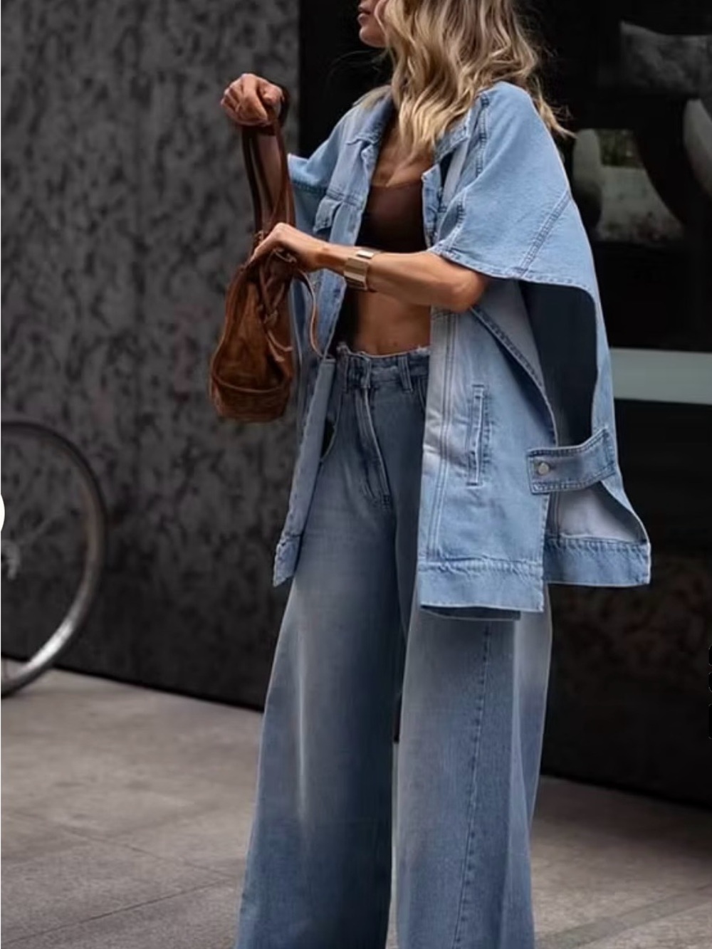 Wide-Fit light blue denim sleeveless VEST open sides with buttons.